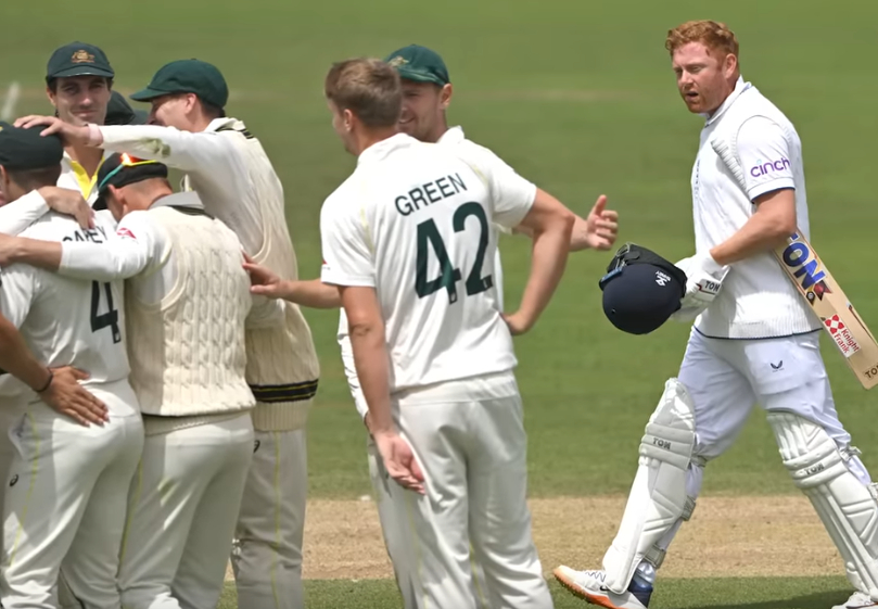 Jonny Bairstow leaving the field after Alex Carey effected a stumping.